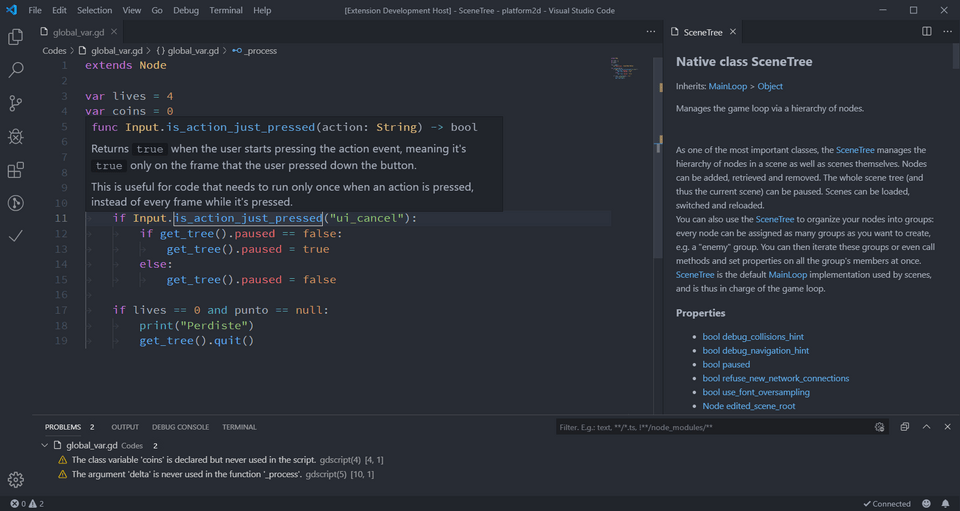 A screenshot of Visual Studio Code with GDScript code and an autocompletion popup