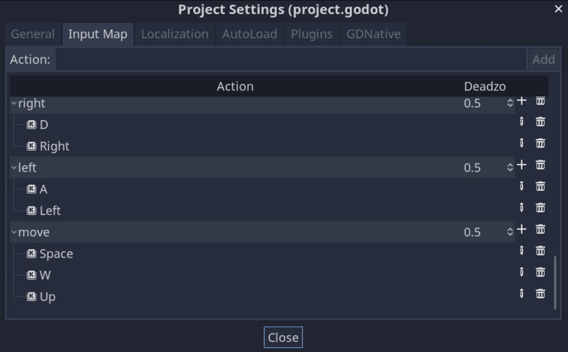 Screenshot of the input map window with the actions