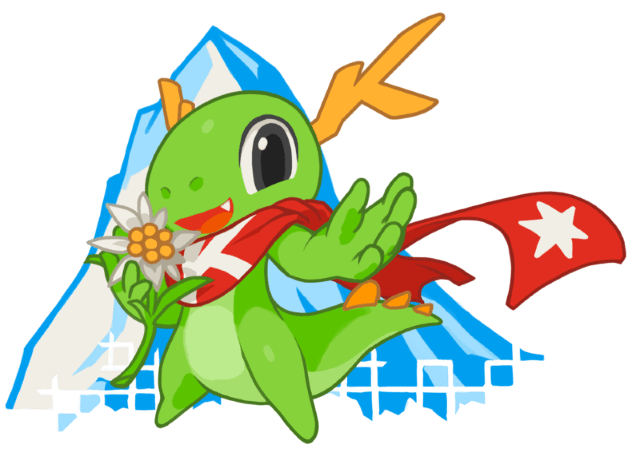 Konqi, the KDE mascot, in front of a Swiss pike