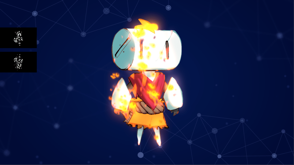 2D dissolve shader showing Robi in flames