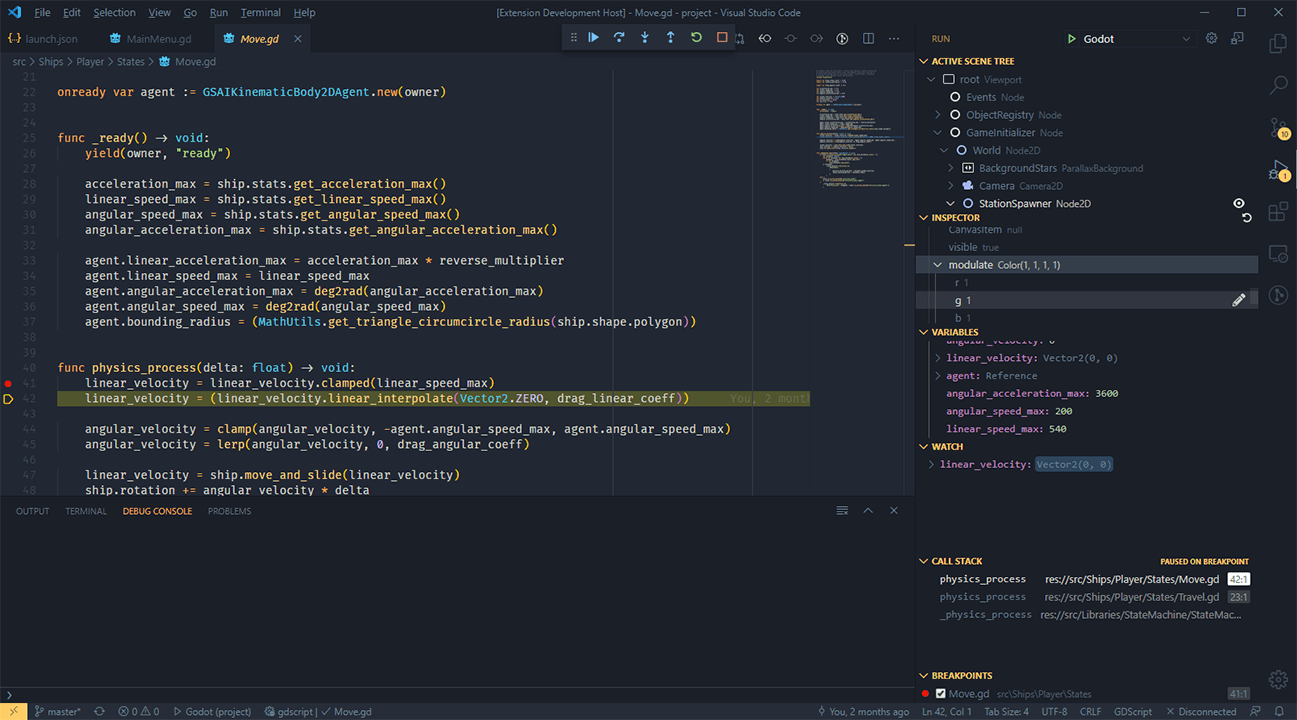 GDScript debugger in action in VSCode