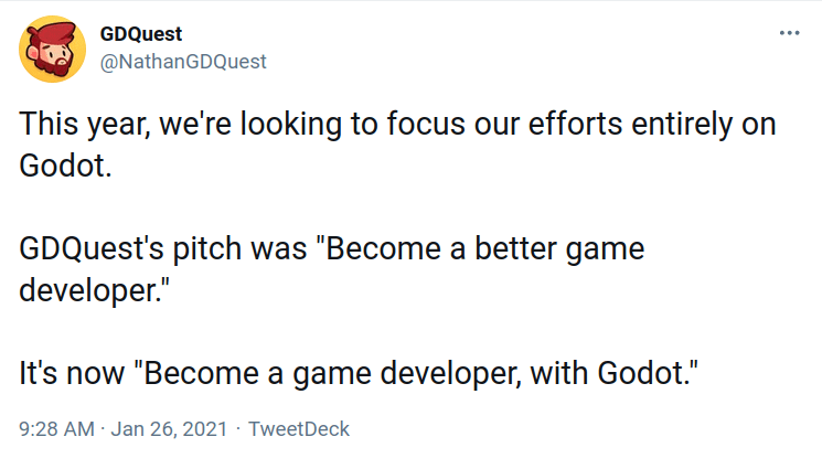 Screenshot of a tweet about focusing on Godot