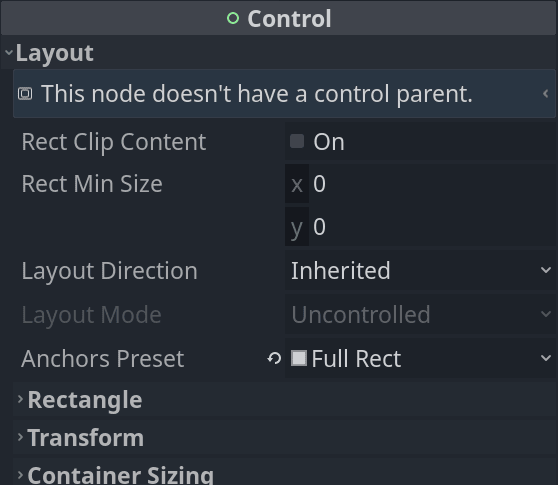 Screenshot of the new inspector for Control nodes by Yuri, with way fewer options that take the context into account