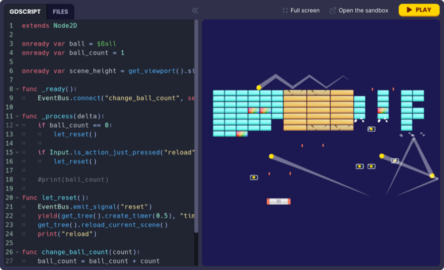 Mockup design of GDPen, an interactive tool to embed Godot demos in the browser and edit GDScript files live
