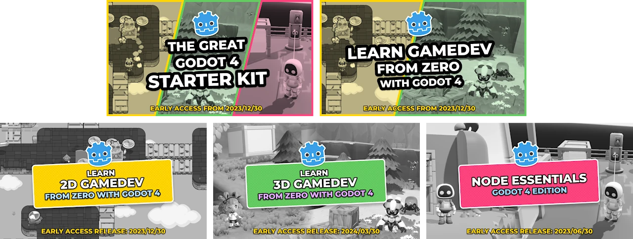 Five banners of our upcoming Godot 4 courses