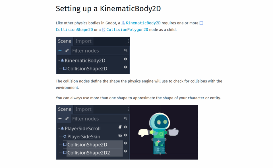 Screenshot of the KinematicBody2D node guide