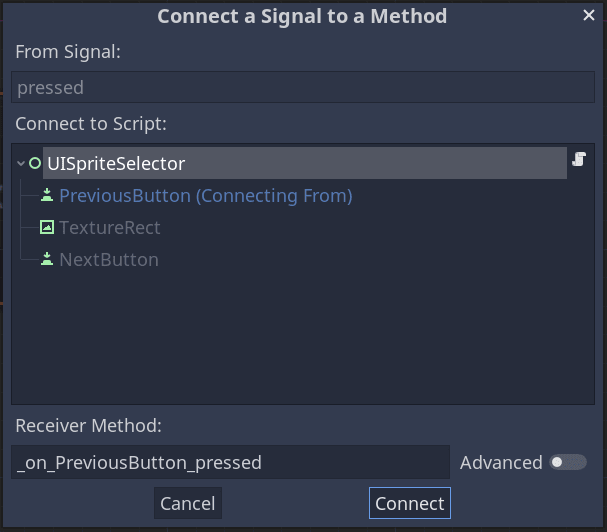 Window to connect a signal via the editor