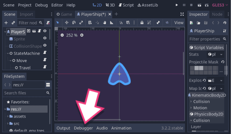 The debugger tab in the lower panel