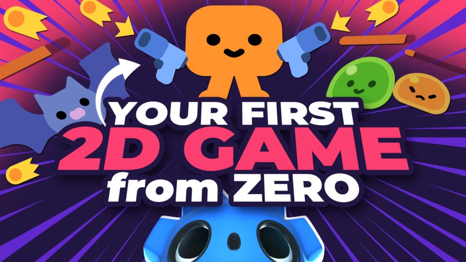 Thumbnail of the first 2D game from zero free course, with a cute orange character holding two blue guns, a bat, and slimes on either side of the character, and the Godot robot looking up at them.