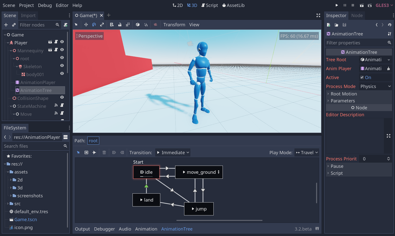 Screenshot of the Godot editor, showing the 3d view