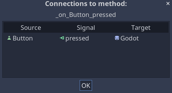Signal connection table popup